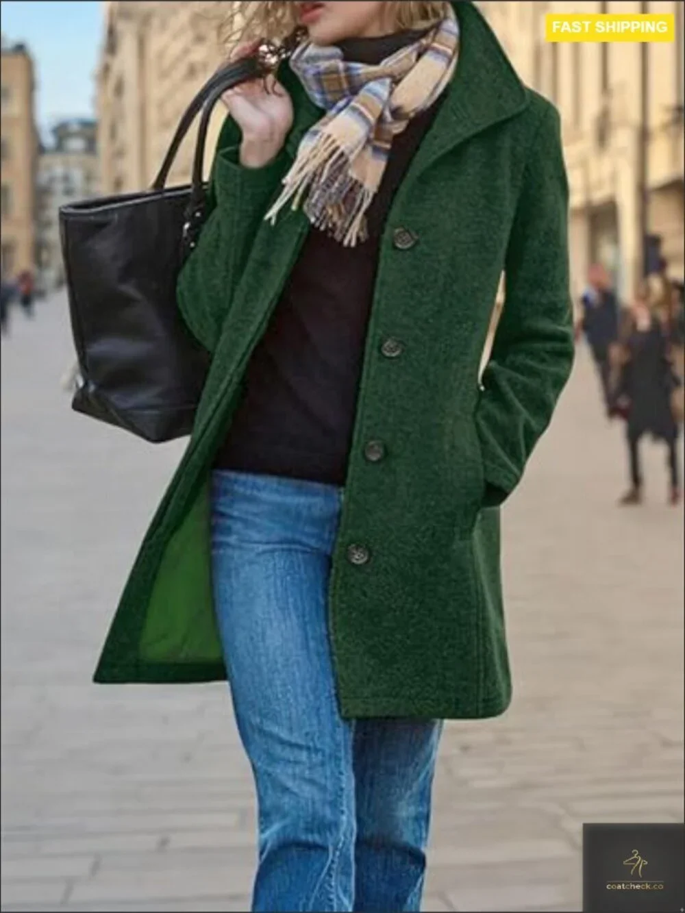 Classic Wool Blend Pea Coat Elegant Loose Fit Thigh Length Winter Outerwear